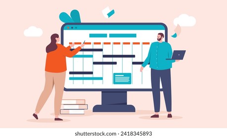 Business schedule calendar - Two office people characters working on big computer screen with project management plan. Flat design cartoon style vector illustration