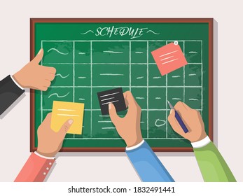 Business schedule. Isolated business man person team hands writing, holding stickers, planning project on scrum task board schedule. Teamwork management, development process vector illustration