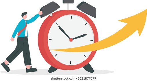 business schedule outline. Financial and economic growth. Statistics and sales analysis concept. man holding growing stat data blue arrow. Man runs for time. Time management. Vector illustration.

