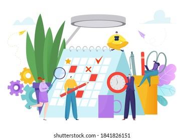 Business schedule, plan work time in calendar concept vector illustration. Flat time management planner, people character teamwork at agenda meeting. Office date event graphic project.
