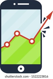 Business schedule with red arrow on mobile phone screen. chart in smartphone. Application for online trading and statistics. Growth breaks confines and limits. Cartoon flat illustration. Green zone