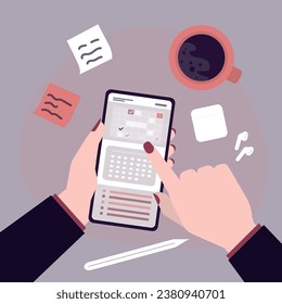 Business schedule utility, mobile application. Reminder app, notification on smartphone, female character hands uses planner on phone. Time management, organize meeting and appointment. flat vector