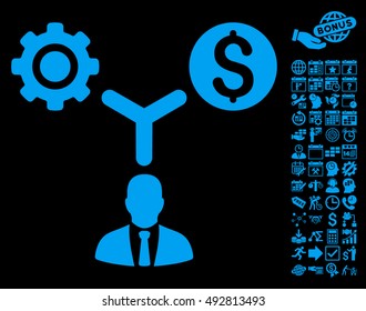 Business Scheme icon with bonus calendar and time management design elements. Vector illustration style is flat iconic symbols, blue color, black background.