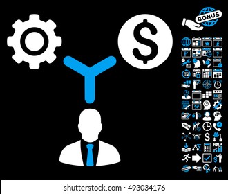 Business Scheme pictograph with bonus calendar and time management design elements. Vector illustration style is flat iconic bicolor symbols, blue and white colors, black background.