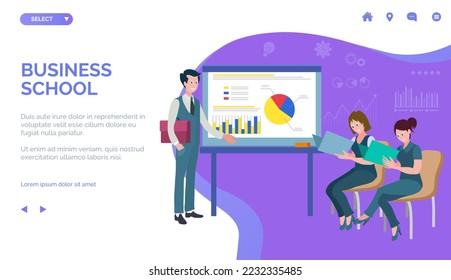 Business school or courses concept landing page. Corporate training for professional employees. Business management education, lecture. Coach speaks to audience. Mentor presents graphs and reports