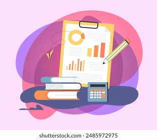 Elementos de la escuela de negocios. Portapapeles con gráficos y diagramas, enorme lápiz, calculadora, pila de libros Ilustración vectorial plana. Educación, cursos financieros, concepto de formación