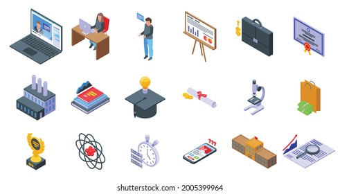 Business school icons set isometric vector. Training learn. University learning