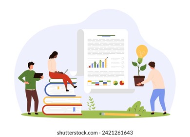 Business school, knowledge and education for success of new project. Tiny people study with books, research literature and information analysis with charts and graphs cartoon vector illustration