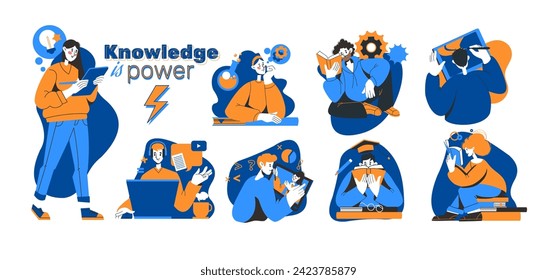 Business school. People study. Student reading books. Online college education. Library knowledge. Woman learning in classroom. Computer technology. Exam test. Man with notebook. Vector concepts set