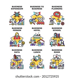 Business School Set Icons Vector Illustrations. Business School Education And Planning Room, Hotel Lunch And Expansion, Businessman And Businesswoman Person. B2B Commerce Color Illustrations