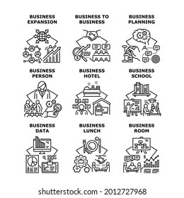 Vektorgrafiken von Business School Set-Symbolen. Business School-Erziehungs- und Planungsraum, Hotel-Mittagessen und -Erweiterung, Geschäftsmann und Geschäftsfrau Person. Schwarze Illustration zum B2B-Handel