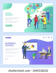 Business school vector, coach lady cat teaching students to cope with tasks and ideas, hipster animals deer giving presentation, listening seminar. Website or webpage template, landing page flat style