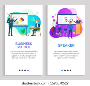 Business school vector, deer giving presentation filling student into details, speaker hipster animal with listening businessmen partners. Website or slider app, landing page flat style