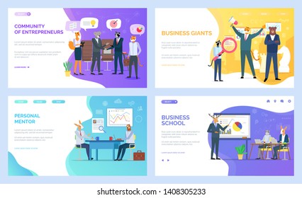 Business school vector, hipster animals developing skills in field. Personal mentor on meeting with student, entrepreneurs and giants tiger and bear. Website or webpage, landing page flat style