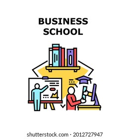 Business School Vector Icon Concept. Business School Educational Process For Study Businessman And Manager, Education Books Literature For Learning Management And Financial Work Color Illustration
