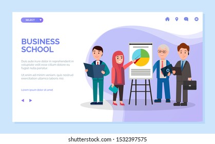 Business school vector, people standing by whiteboard giving ideas. Muslim woman with businessman wearing suits and holding briefcases. Website or webpage template, landing page flat style