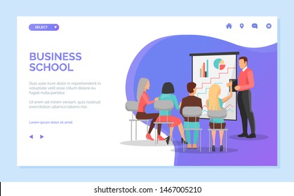 Business school vector, speaker with information for students, women and men sitting listening to male with whiteboard and charts diagrams. Website or webpage template, landing page flat style
