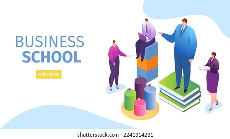 Business school, web isometry page vector illustration. People man woman character get education, flat knowledge technology.