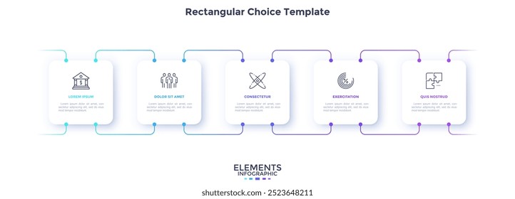 Business e ciência conexão de escolha retangular modelo de design gráfico infográfico. Infográfico de integração de inovação com ícones. Gráficos de instrução com sequência de 5 etapas. Apresentação de dados visuais