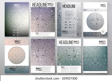 Business and scientific vector templates with molecular structure background for brochures, flyers or reports.