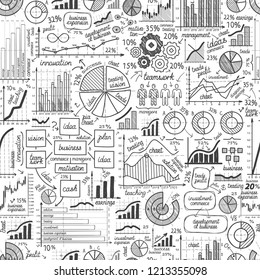 Business, seamless background. Hand-drawn graph, chart. Doodle vector illustration