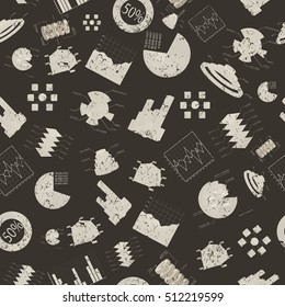Business seamless background pattern with elements of different types and themes of graphs and charts on drak fond vector illustration