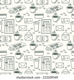 Business seamless pattern with hand drawn doodle money, coffee cups, newspapers, letters and credit cards.