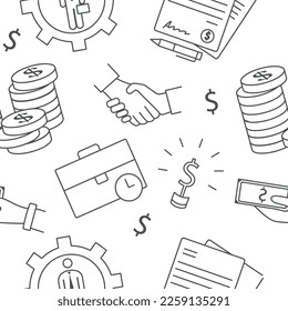 Arte de línea de patrones sin fisuras en el negocio. Elemento de diseño repetitivo para imprimir en tela. Asociación y trabajo en equipo. Colaboración y cooperación. Ingresos pasivos. Dibujo vectorial plano de dibujos animados