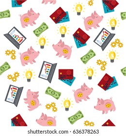 Business seamless pattern. Office equipment and marketing items. Money, piggy bank, notebook, payment card. Business texture or background.
