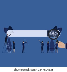 Business search bar hand hold magnify and team put magnify on bar. Illustration For Wallpaper, Banner, Background, Book Illustration, And Web Landing Page.
