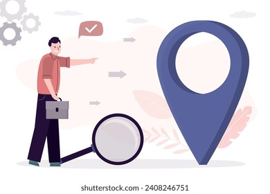 Business search concept. Businessman with geolocation sign because he looking for path to success with greater profit. Choose way to success and achieve goals. Location pin and entrepreneur. vector