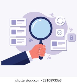 Business search concept featuring magnifying glass document interface checklist and digital analysis elements illustrating research auditing optimization online information review and strategic technology management processes.