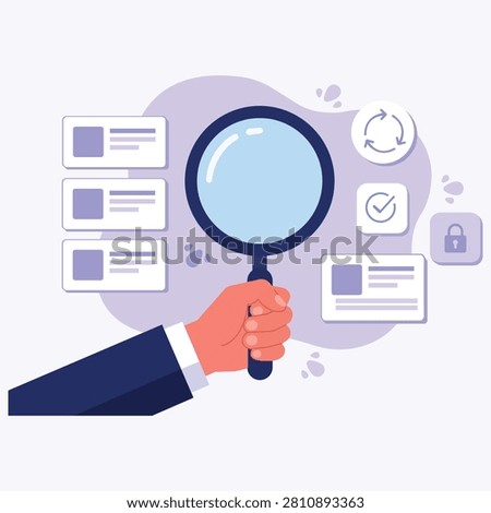 Business search concept featuring magnifying glass document interface checklist and digital analysis elements illustrating research auditing optimization online information review and strategic technology management processes.