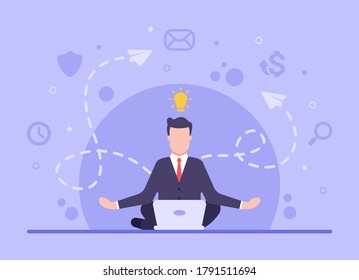 Business search concept. Vector flat businessman sits in a lotus position and looks in a laptop for information on how to make business more profitable. Web banner on websites and smartphones. EPS 10