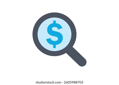 Business Search Dollar Icon, money search icon vector, search dollar icon, magnifying glass dollar, dollar magnifier icon