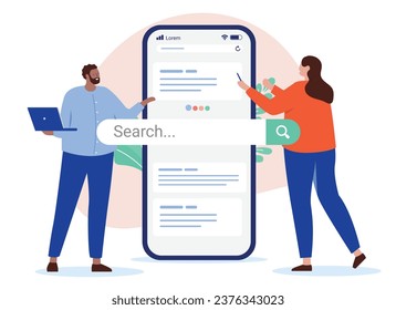 Suchmaschine für Unternehmen - Zwei Personen, die auf dem Smartphone-Bildschirm arbeiten und sich die Rangliste von der Websuche anschauen. Flaches design, Vektorgrafik mit weißem Hintergrund