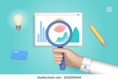 Business search and research, data analytics, performance, productivity strategy. Dashboard and business finance report. Website SEO concept. Graphics on the device screen. 3d web vector illustration.