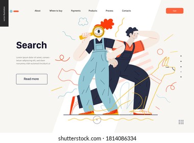 Business search topic web template with header. Flat style modern outlined vector concept illustration. Young man looking forward and a woman with magnifying glass looking through it. Business metaphor