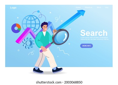 Business search topic web template with header. Man with magnifying glass. Searching Engine Optimizing SEO Browsing Concept. People team work together on seo. Flat isometric vector illustration.