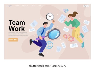 Business search topic web template with header. Man with magnifying glass. Searching Engine Optimizing SEO Browsing Concept. People team work together on seo. Flat isometric vector illustration.