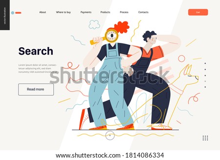 Business search topic web template with header. Flat style modern outlined vector concept illustration. Young man looking forward and a woman with magnifying glass looking through it. Business metaphor