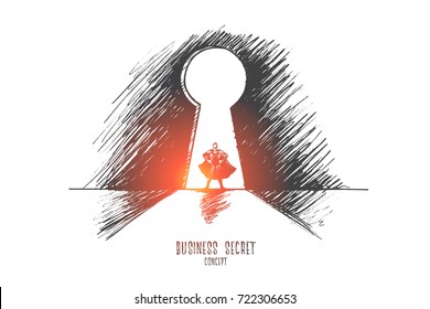 Business secret concept. Hand drawn superhero in keyhole. Successful businessman isolated vector illustration.