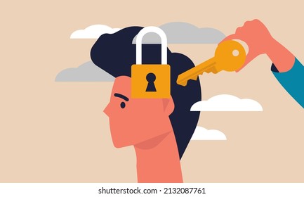 Business secret and padlock secure man. Privacy idea and discovery intelligence opportunity vector illustration concept. Improvement people and performance unlock. Leadership effective and forward