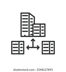 Setores de negócios unidades de negócios, ícone no design de linha. Setores, unidades, divisão, indústria, comércio, empresa no vetor de fundo branco. Setores de atividade unidades de negócios ícone de traçado editável