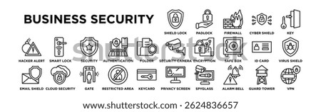 Business Security icon set. Editable Stroke Icon Collection. Shield Lock, Padlock, Firewall, Cyber Shield, Key, Security Camera, Data Encryption, Safe Box, ID Card, Virus Shield, Hacker Alert, Smart L