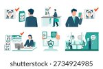 Business security illustration set featuring facial recognition and biometric authentication for office access control, secure entrances, attendance tracking, smart login systems and modern digital transformation workflows