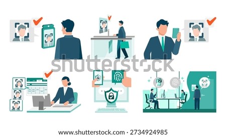 Business security illustration set featuring facial recognition and biometric authentication for office access control, secure entrances, attendance tracking, smart login systems and modern digital transformation workflows