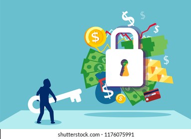 Business security safety protection concept. Vector of a businessman with a key to financial success and employement compensation 