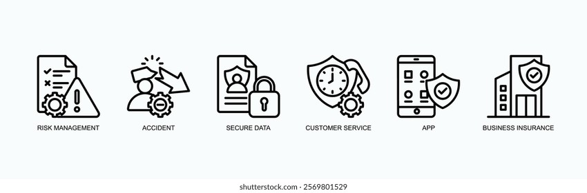 Business Security And Support Icon Set Icon Set Isolated Vector Illustration Concept With Icon Of Risk Management, Accident, Secure Data, Customer Service, App, Business Insurance In Outline Style