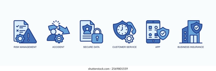 Business Security And Support Icon Set Icon Set Isolated Vector Illustration Concept With Icon Of Risk Management, Accident, Secure Data, Customer Service, App, Business Insurance In Blue Style